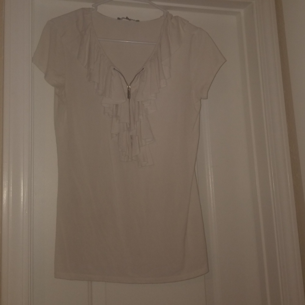 Adrienne Vittadini White Ruffle Zippered Front Top